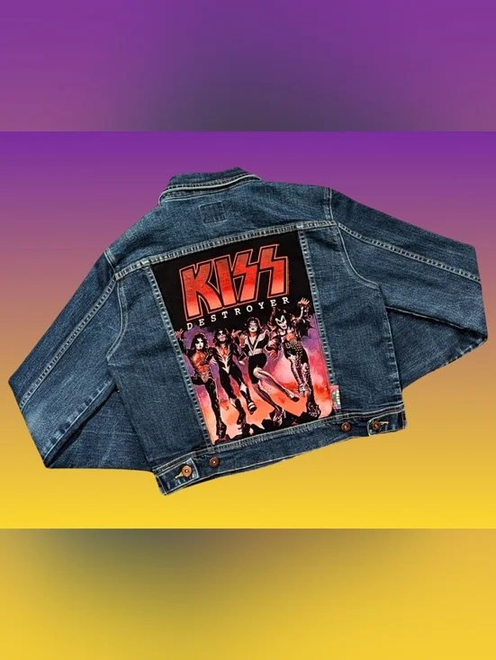 Handmade, Upcycled KISS Denim Jacket Size L for Women - Picture 1 of 4
